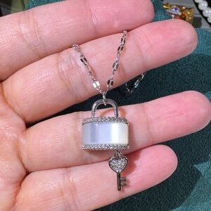 Mother of Pearl Lock & Key Necklace – Heart Charm Dainty Silver Style
